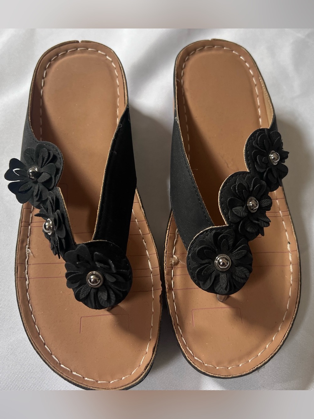 ☀️Black Floral Thong Sandals Embellished Flip Flops Casual Summer Slides! ☀️